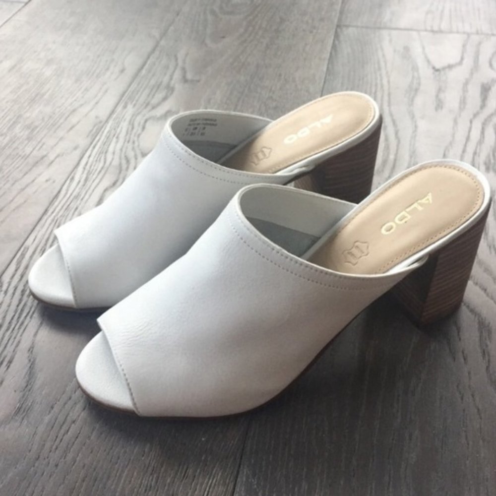 ALDO Dorothy White Soft Leather Wooden Block Heel Peep Toe Slip-on Slide Mules 8